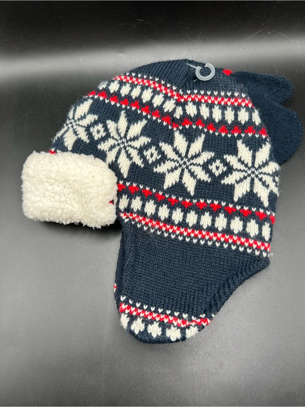NWT Oshkosh Knit Hat Mittens Size 3-9 Months Ear Flaps Blue Fair Isle